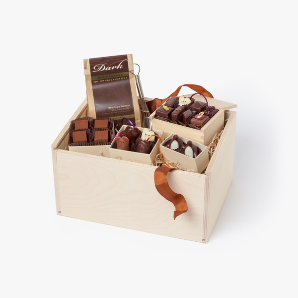 Mother's Day Chocolate Gift Box Crate. Assortment of signature chocolates, including mice, penguins, paves glaces and dark drinking chocolate.